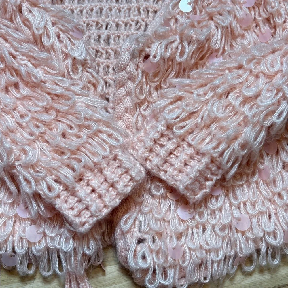 Main Strip Shaggy Lopped Knit & Sequin Pink Textured Cardigan Women’s M - Picture 13 of 13
